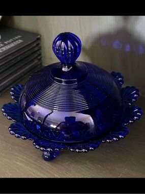 Antique Northwood Klondike Cobalt Blue Covered Glass Candy Dish Butter Dish